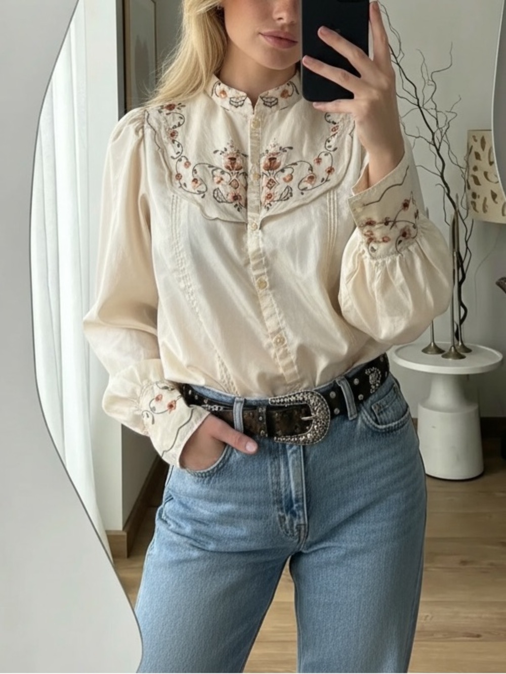 Vinyag Cottagecore Cream Satin Prairie Blouse, Embroidered Floral Top